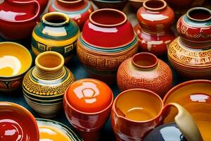 uma ampla coleção do colorida cerâmico vasos. gerado por IA foto