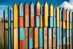 uma colorida cerca com muitos diferente colori de madeira peças. gerado por IA foto