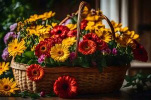 uma cesta preenchidas com colorida flores em uma mesa. gerado por IA foto