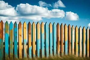 uma colorida cerca com azul céu e nuvens. gerado por IA foto