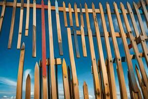 uma cerca fez do de madeira Gravetos com uma azul céu dentro a fundo. gerado por IA foto