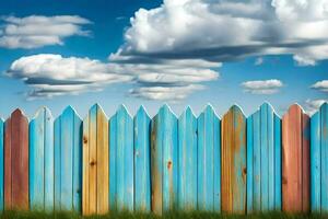 uma colorida de madeira cerca com azul céu e nuvens. gerado por IA foto