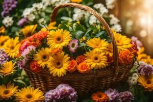 uma cesta cheio do colorida flores é colocada em a chão. gerado por IA foto