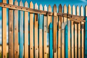 uma de madeira cerca com azul e verde pintar. gerado por IA foto