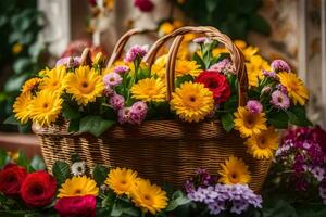 uma cesta cheio do colorida flores sentado em uma mesa. gerado por IA foto