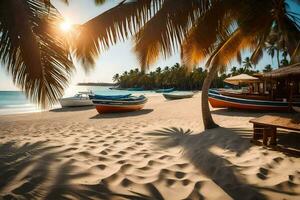 barcos em a de praia às pôr do sol com Palma árvores gerado por IA foto