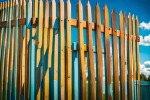 uma cerca fez do de madeira postes com azul céu dentro a fundo. gerado por IA foto