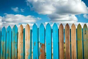 uma de madeira cerca com azul e branco pintar. gerado por IA foto