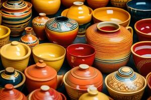 muitos colorida cerâmica vasos estão exibido dentro uma mostrar. gerado por IA foto