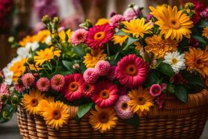 uma cesta preenchidas com colorida flores em uma mesa. gerado por IA foto