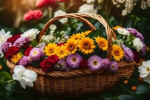 uma cesta preenchidas com flores em uma ensolarado dia. gerado por IA foto