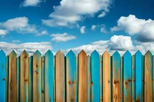 de madeira cerca com azul céu e nuvens. gerado por IA foto
