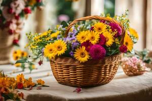 uma cesta com flores em uma mesa. gerado por IA foto