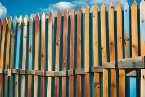 uma colorida cerca com de madeira Postagens e uma azul céu. gerado por IA foto