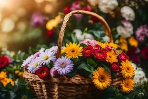 uma cesta cheio do colorida flores é em a grama. gerado por IA foto