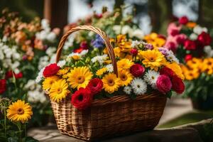 uma cesta cheio do colorida flores sentado em uma mesa. gerado por IA foto