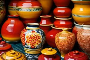 muitos colorida vasos estão exibido em uma mesa. gerado por IA foto