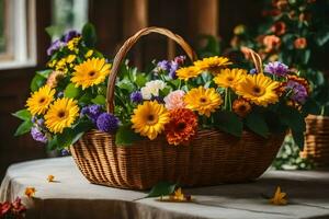 uma cesta preenchidas com colorida flores em uma mesa. gerado por IA foto