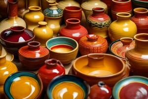 muitos colorida cerâmica vasos estão exibido em uma mesa. gerado por IA foto