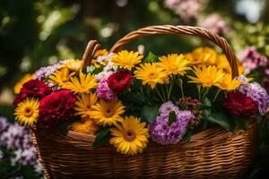 uma cesta preenchidas com colorida flores em uma de madeira mesa. gerado por IA foto