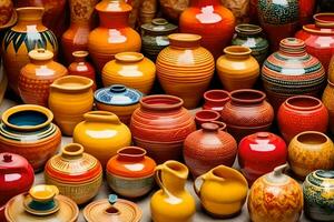 muitos colorida cerâmica vasos estão exibido em uma mesa. gerado por IA foto