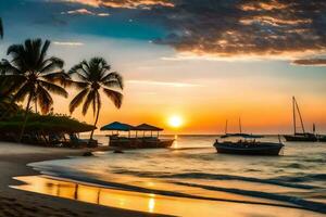 uma lindo pôr do sol em a de praia com barcos e Palma árvores gerado por IA foto