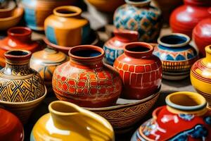 muitos colorida cerâmica vasos estão exibido em uma mesa. gerado por IA foto