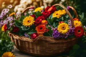 uma cesta cheio do colorida flores em uma de madeira mesa. gerado por IA foto