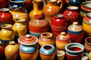 colorida cerâmica vasos dentro uma fazer compras. gerado por IA foto