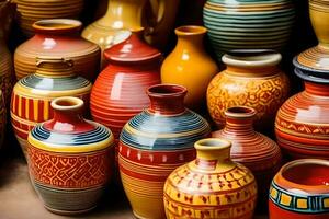 muitos colorida vasos estão exibido dentro uma linha. gerado por IA foto