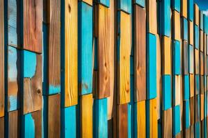 colorida de madeira parede com azul céu dentro a fundo. gerado por IA foto
