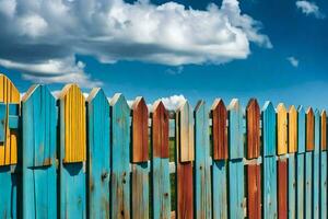 colorida de madeira cerca com azul céu e nuvens. gerado por IA foto
