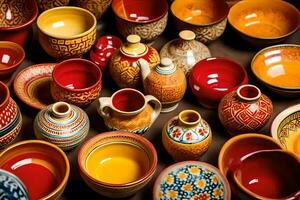 muitos diferente colori cerâmica taças e vasos. gerado por IA foto