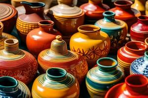 muitos colorida cerâmica vasos estão exibido em uma mesa. gerado por IA foto