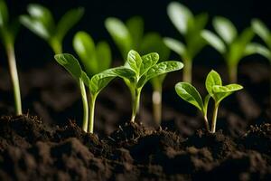 jovem plantas brotando a partir de a solo. gerado por IA foto