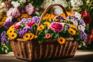 uma cesta preenchidas com flores em uma mesa. gerado por IA foto