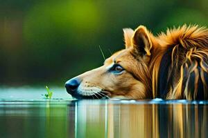 uma leão é bebendo água a partir de uma lago. gerado por IA foto