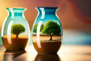 dois vasos com árvores dentro eles em uma mesa. gerado por IA foto