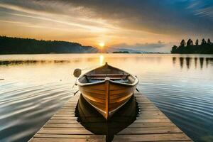 uma barco em a lago às pôr do sol. gerado por IA foto