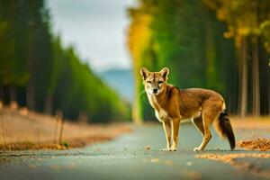 uma solitário Lobo carrinhos em a estrada dentro a meio do uma floresta. gerado por IA foto