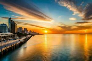 a Sol conjuntos sobre a cidade Horizonte dentro abu dhabi. gerado por IA foto