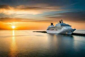 cruzeiro navio dentro a oceano às pôr do sol. gerado por IA foto