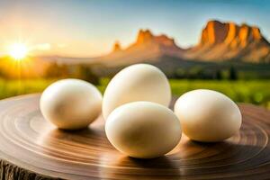 quatro ovos em uma de madeira prato com montanhas dentro a fundo. gerado por IA foto