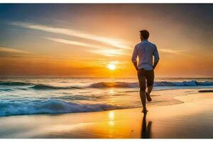 uma homem corrida em a de praia às pôr do sol. gerado por IA foto