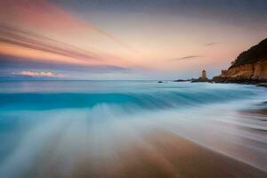 uma grandes exposição fotografia do ondas falhando em a de praia. gerado por IA foto