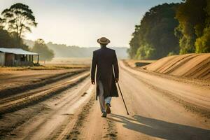 uma homem dentro uma terno anda em baixa uma sujeira estrada. gerado por IA foto