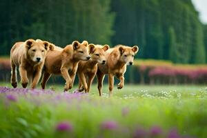 quatro cachorros corrida dentro uma campo do flores gerado por IA foto