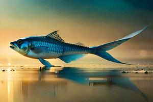 uma azul peixe é em pé em a de praia. gerado por IA foto