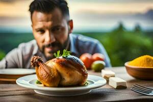 uma homem é olhando às uma frango em uma placa. gerado por IA foto