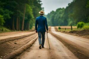 uma homem dentro uma terno e chapéu caminhando baixa uma sujeira estrada. gerado por IA foto